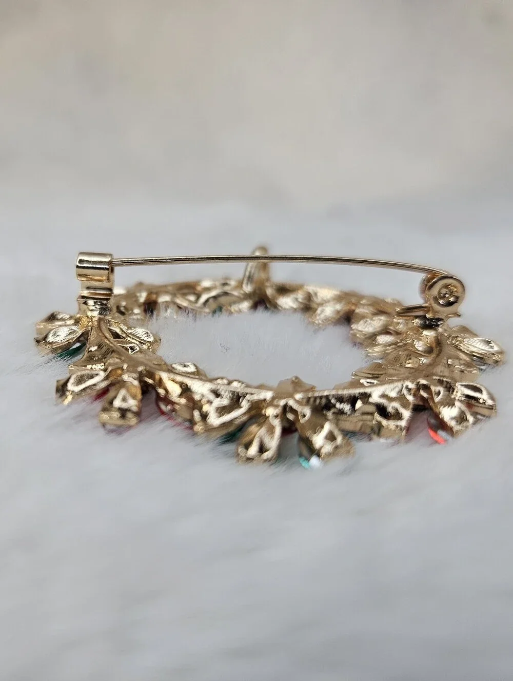 Gold-Tone Red & Teal Floral Crystal Wreath Brooch